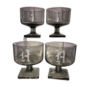 4 Square Base Smoke Glasses Monogram H Atomic Cocktail Bar‎ Ware Vtg Mid Century